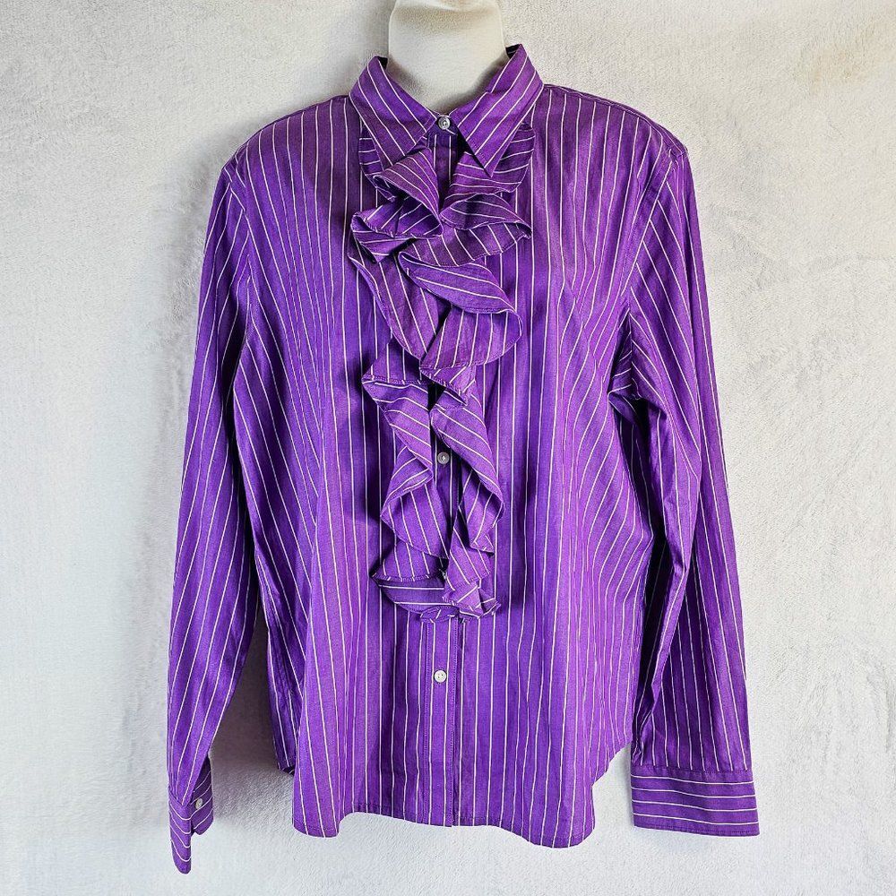 Chaps Women’s Purple/White Striped Button Up Shirt with Ruffled Front Size XL